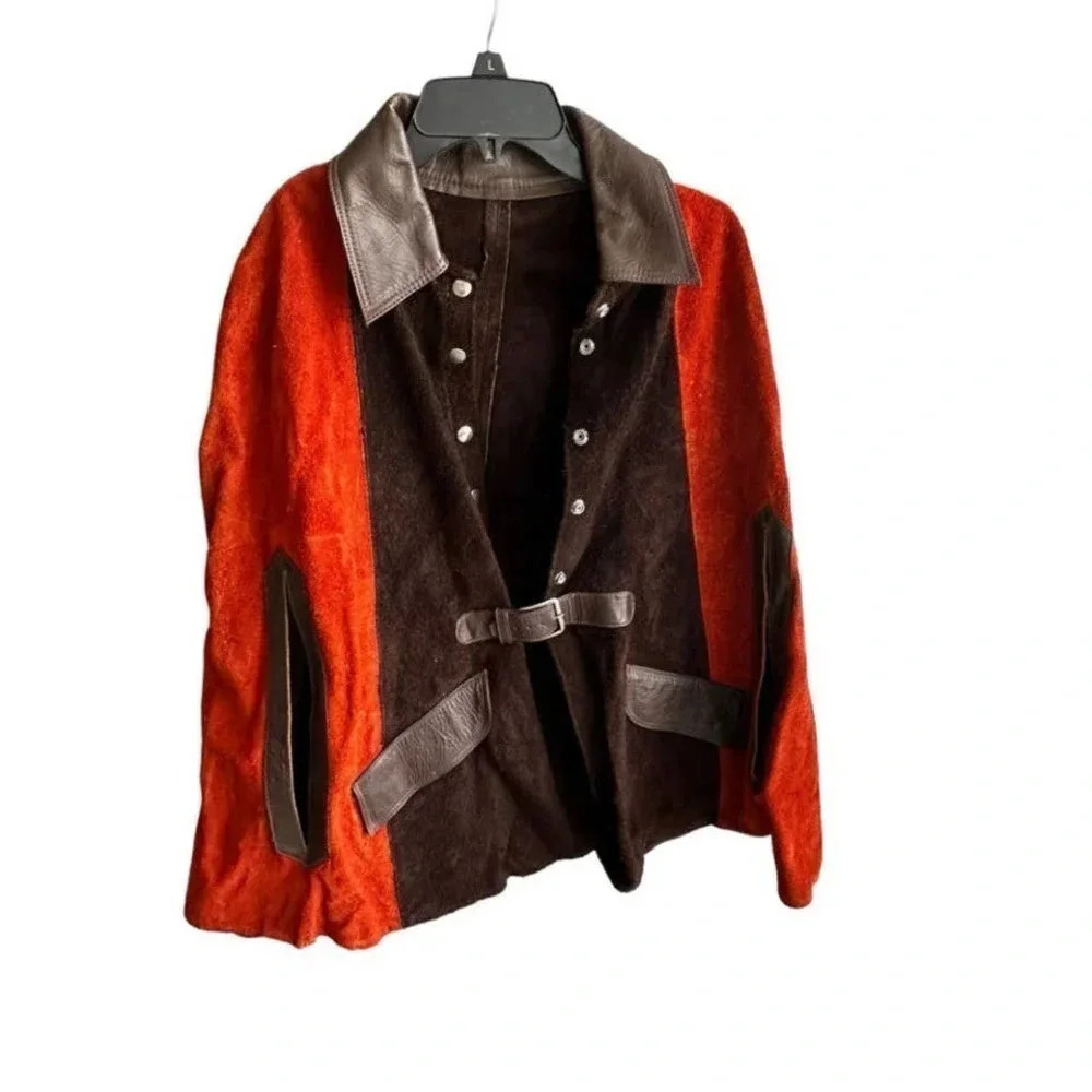 Vintage Women's Brown & Orange suede and Leather Collar Cape‎ One Size